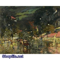 Tranh sơn dầu dòng sông và ánh đèn